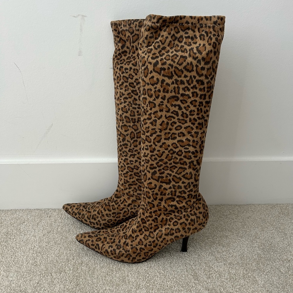 Colin Stuart Leopard Print Sock Knee-High Boots Size 7